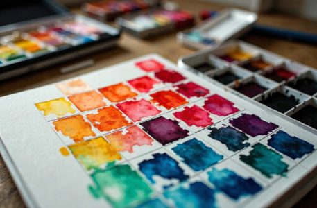 AI Generative Watercolor paints on the artist's desktop, art tools for the hobby of drawing. High quality photo